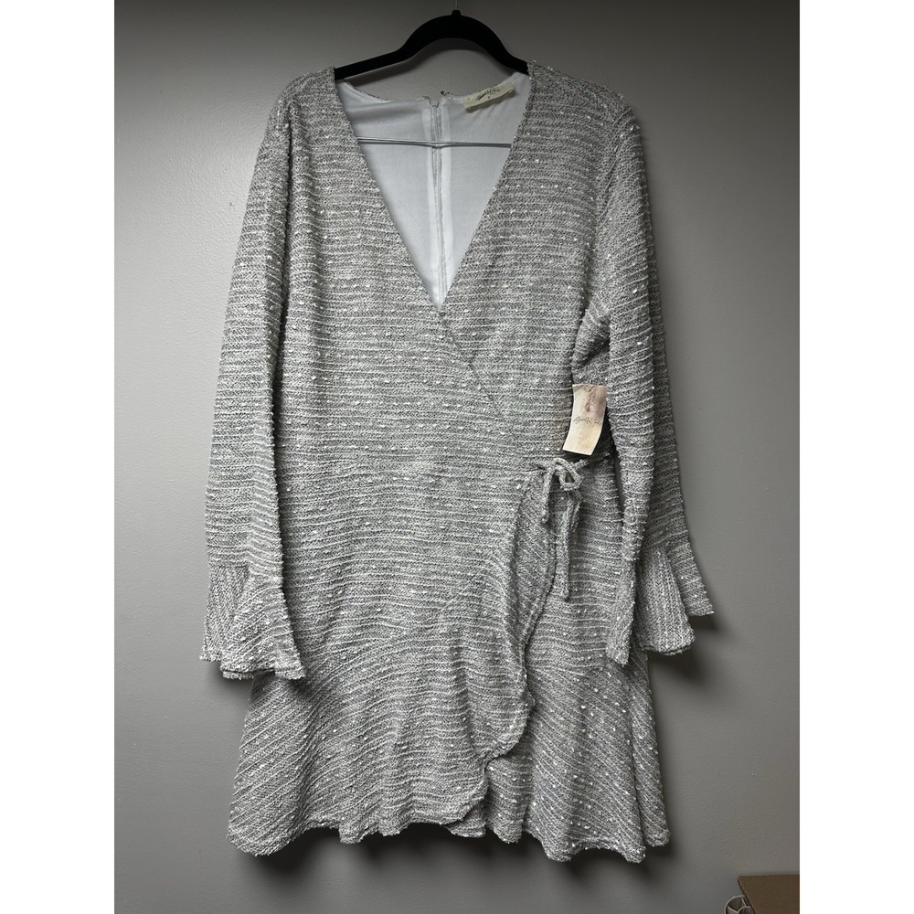 A Beautiful Soul Wrap Dress Womens 18/20 Grey NWT Textured Ruffle Bell Sleeve